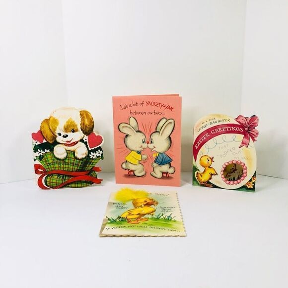 vintage 60s greeting cards lot of 4 duck bunny dog feathers and glitter crafts - Picture 1 of 9